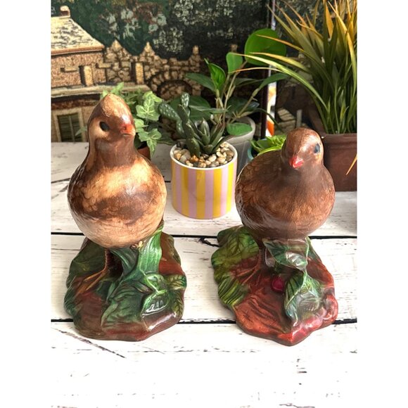 Vintage Ceramic Quail Figurines Brown & Green Bird Decor Set Of 2 - Picture 3 of 6